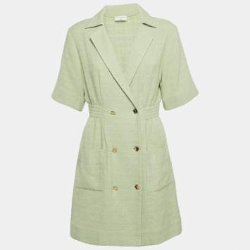 Pre Owned Sandro Sage Green Tweed Double Breasted Short Dress M