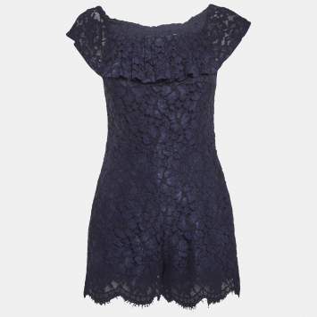 Pre Owned Sandro Navy Blue Lace Mini Scallop Hem Jumpsuit S