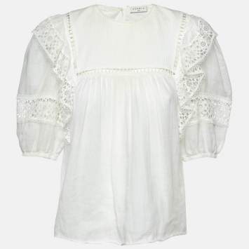 Pre Owned Sandro White Ramie Lace Trim Ruffled Top L
