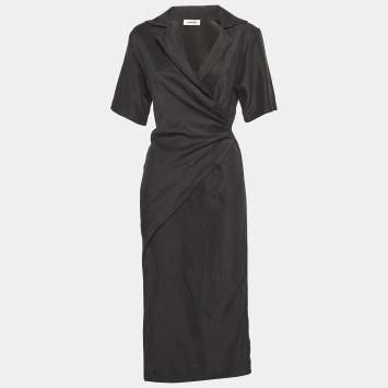 Pre Owned Sandro Black Linen Blend Wrap Style Midi Dress XS