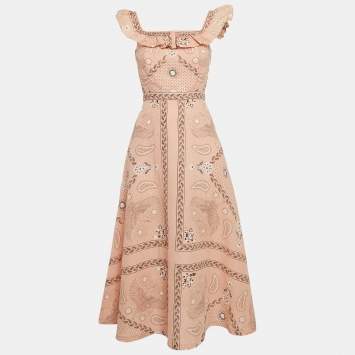 Pre Owned Sandro Peach Pink Bandana Print Linen Blend Coquette Gale Dress XS