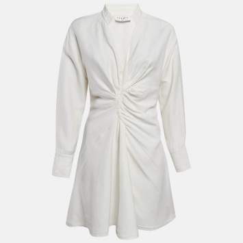 Pre Owned Sandro White Gabardine Celia Ruched Shirt Dress S