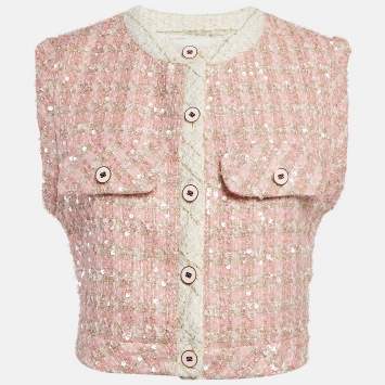 Pre Owned Sandro Pink Sequin Tweed Sleeveless Crop  Jacket S