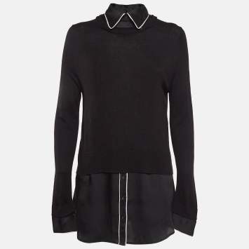 Pre Owned Sandro Black Knit and Satin Detachable Collar Top M