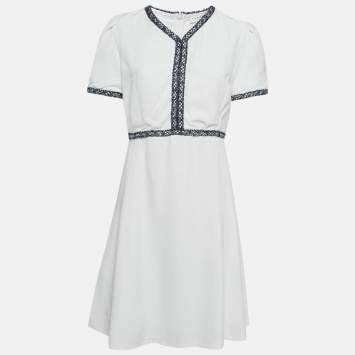Pre Owned Sandro White Textured Crepe Trim Detail Mini Dress L