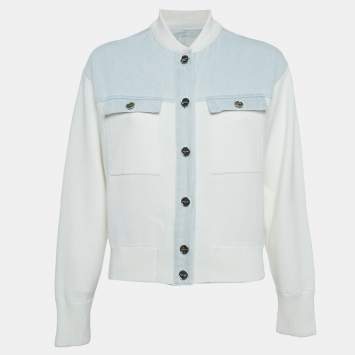 Pre Owned Sandro White/Blue Denim Panelled Knit Bomber Jacket XS