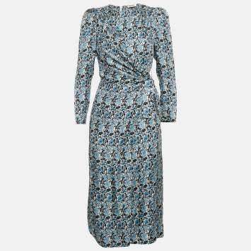 Pre Owned Sandro Blue Floral Print Silk Draped Midi Dress XS