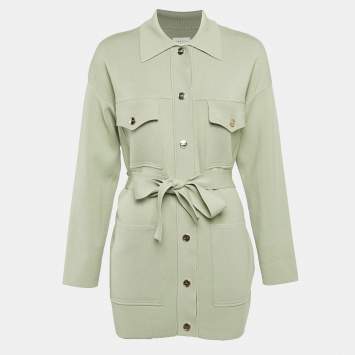 Pre Owned Sandro Sage Green Stretch Knit Belted Button Front Jacket S