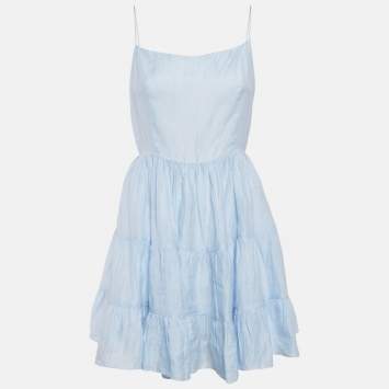 Pre Owned Sandro Blue Linen Blend Tiered Mini Dress L