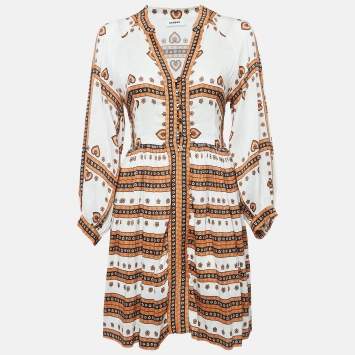 Pre Owned Sandro White Printed Linen Blend Ramata Mini Dress S