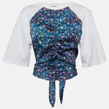 Pre Owned Sandro White/Blue Floral Print Cotton Knit and Crepe Ruched Top S