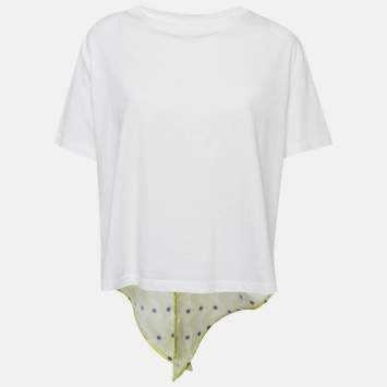 Pre Owned Sandro x Louis Barthelemy White/Yellow Printed Cotton Knit and Satin Dimi Top M