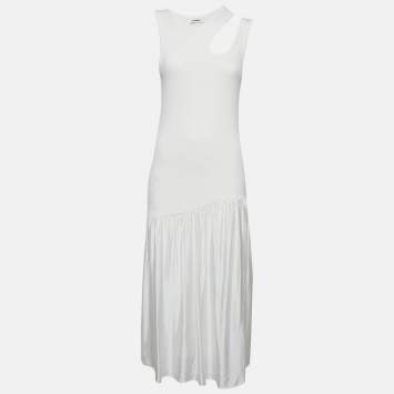 Pre Owned Sandro White Cotton Rib Knit and Satin Midi Dress M