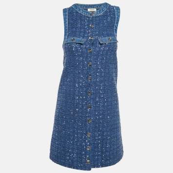 Pre Owned Sandro Blue Sequin Tweed Buttoned Trapeze Mini Dress XS
