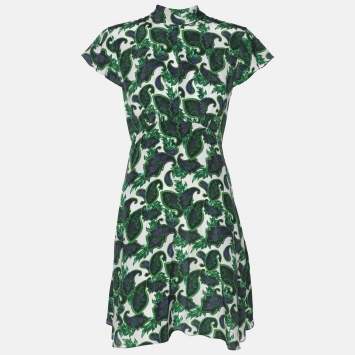 Pre Owned Sandro Green Paisley Print Silk Neck Tie Mini Dress S