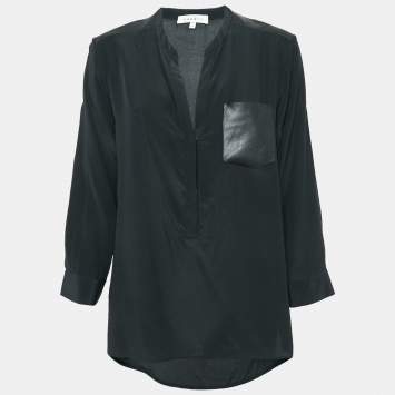 Pre Owned Sandro Black Silk Leather Trimmed Top M
