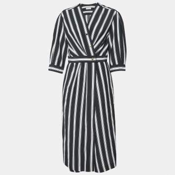 Pre Owned Sandro Black/White Stripe Print Viscose Wrap Midi Dress L