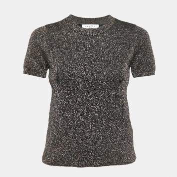 Pre Owned Sandro Metallic Lurex Knit Crew Neck Top M