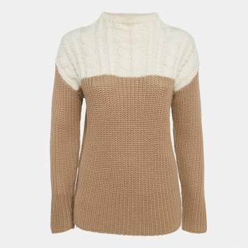 Pre Owned Sandro Camel Brown/Cream Wool Blend and Cable Knit Sweater S