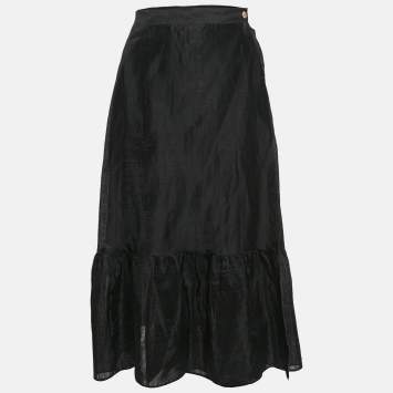 Pre Owned Sandro Black Linen Blend Ruffled Midi Wrap Skirt M