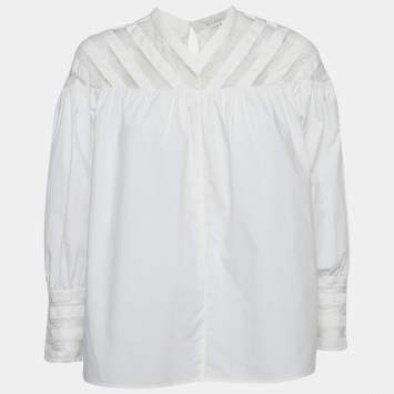 Pre Owned Sandro White Cotton Lace Trimmed A-Line Blouse L