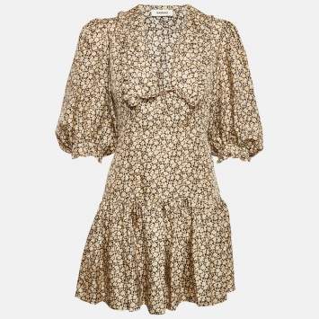 Pre Owned Sandro Cream/Black Flowering Print Silk Chelsea Collar Mini Dress S