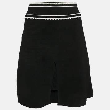 Pre Owned Sandro Black Jersey Contrast Trimmed Front Cut Short Skirt M