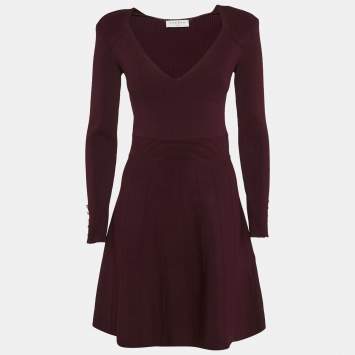 Pre Owned Sandro Burgundy Knit Otane Pearly Cuff Fit & Flare Dress M