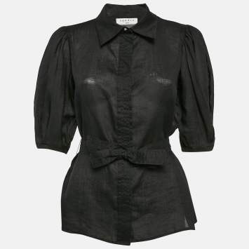 Pre Owned Sandro Black Ramie Belted Button Front Blouse M