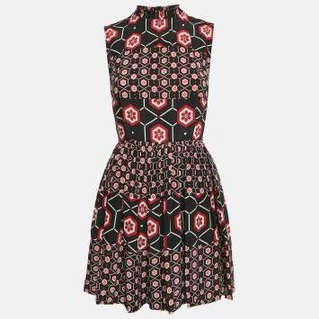 Pre Owned Sandro Black Printed Silk Tiered Sleeveless Mini Dress S