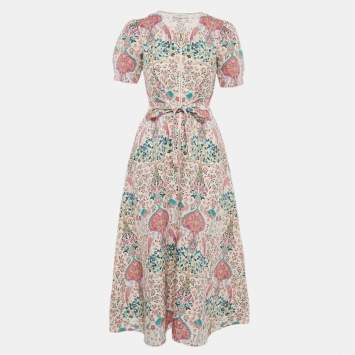 Pre Owned Sandro White/Pink Irya Floral Print Linen Blend Midi Dress XS