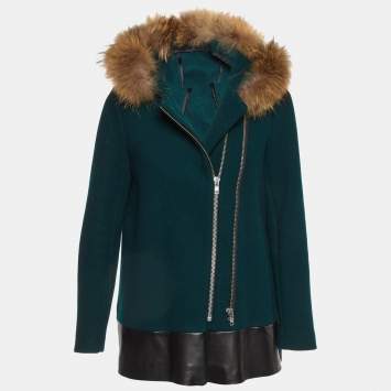 Pre Owned Sandro Green Wool Blend Detachable Fur Hooded Zip-Up Coat M