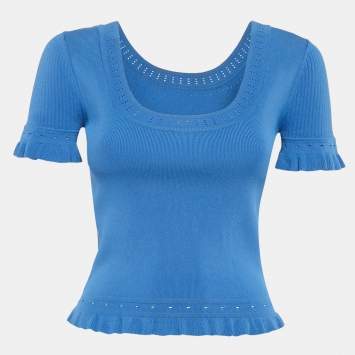 Pre Owned Sandro Blue Stretch Knit Eyelet Quincy Top S