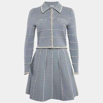 Pre Owned Sandro Blue Textured Stripe Stretch Knit Cardigan and Skirt Set S