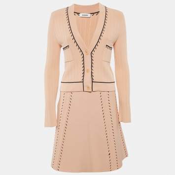 Pre Owned Sandro Peach Contrast Stitch Stretch Knit Eglantine Skirt and Cardigan Set S/M