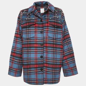 Pre Owned Sandro Multicolor Plaid Embellished Wool Blend Single Breasted Jacket XL