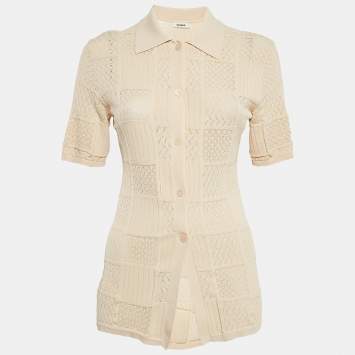 Pre Owned Sandro Beige Pointelle Knit Button Front Short Sleeve Shirt XS