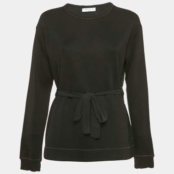 Pre Owned Sandro Black Knit and Satin Waist Tie-Up Detail Top M