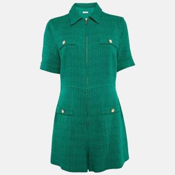 Pre Owned Sandro Green Tweed Zip Front Playsuit L