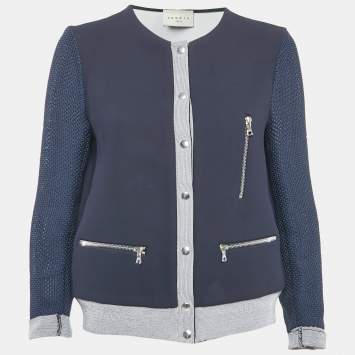 Pre Owned Sandro Navy Blue Crepe Zip-Up Contrast Trim Jacket L
