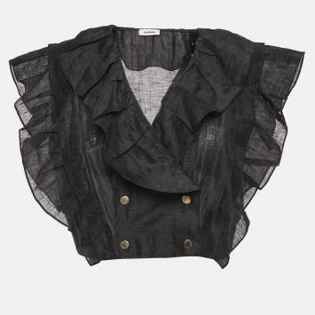 Pre Owned Sandro Black Linen Ruffled Semi Sheer Top L