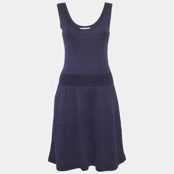 Pre Owned Sandro Navy Blue Patterned Knit Sleeveless Mini Dress M