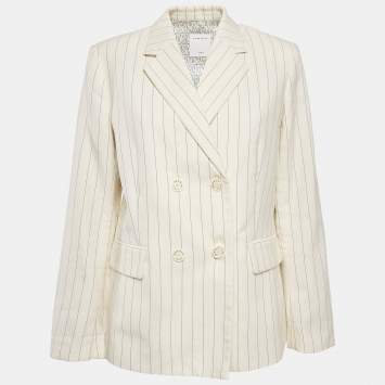 Pre Owned Sandro Off-White Striped Cotton Blend Double Breasted Blazer XL