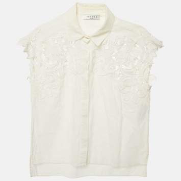 Pre Owned Sandro White Cotton Floral Lace Trimmed Button Front Blouse S