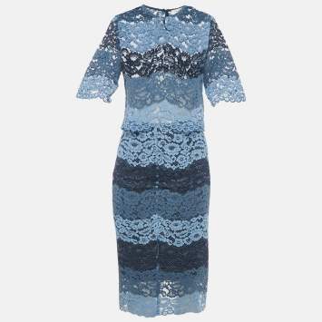 Pre Owned Sandro Blue Floral Lace Top and Skirt Set M/S