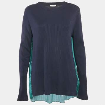 Pre Owned Sandro Navy Blue/Green Jersey and Paisley Print Plisse Full Sleeve Top L