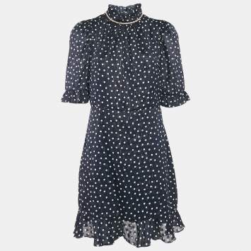 Pre Owned Sandro Navy Blue Polka Dots Lurex Chiffon Short Dress XL