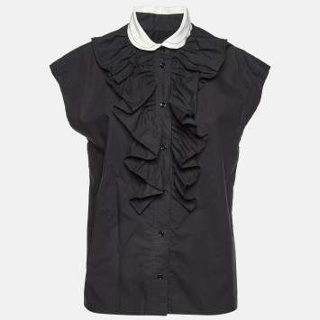 Pre Owned Sandro Black Cotton Ruffled Sleeveless Shirt L