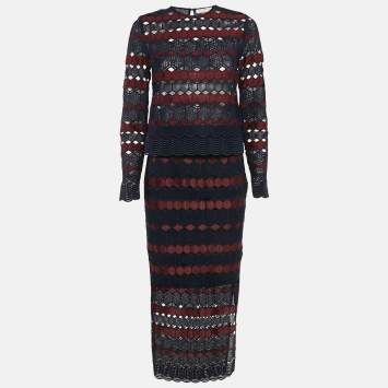 Pre Owned Sandro Blue/Burgundy Guipure Lace Skirt and Top Set S