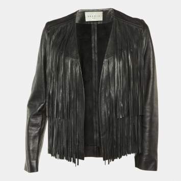 Pre Owned Sandro Black Leather Fringed Open Front Jacket L